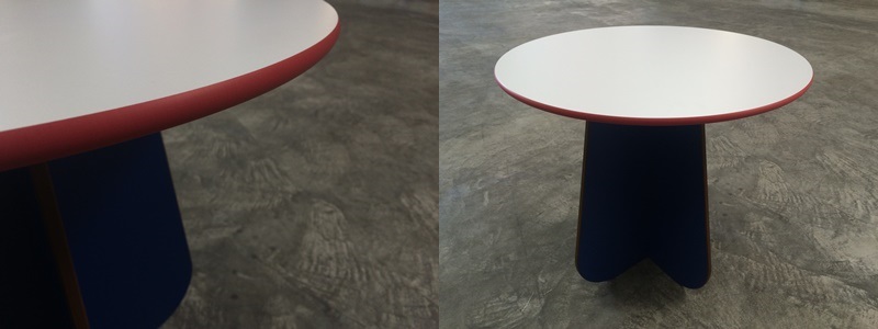 Pflegeleichte Tischplatte rund roter Kern 13 mm Kanten ballig gefräst Pflegeleichte Tischplatte rund roter Kern 13 mm Kanten ballig gefräst