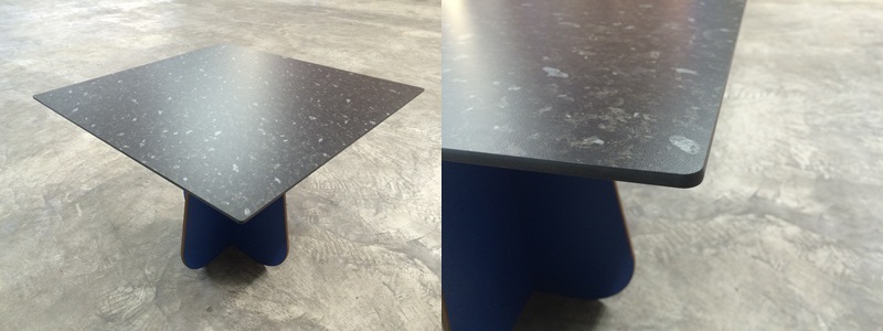 Widerstandsfähige Tischplatte mit Kanten ballig gefräst und schwarzem Kern Wasserfeste Tischplatte mit Kanten ballig gefräst und schwarzem Kern